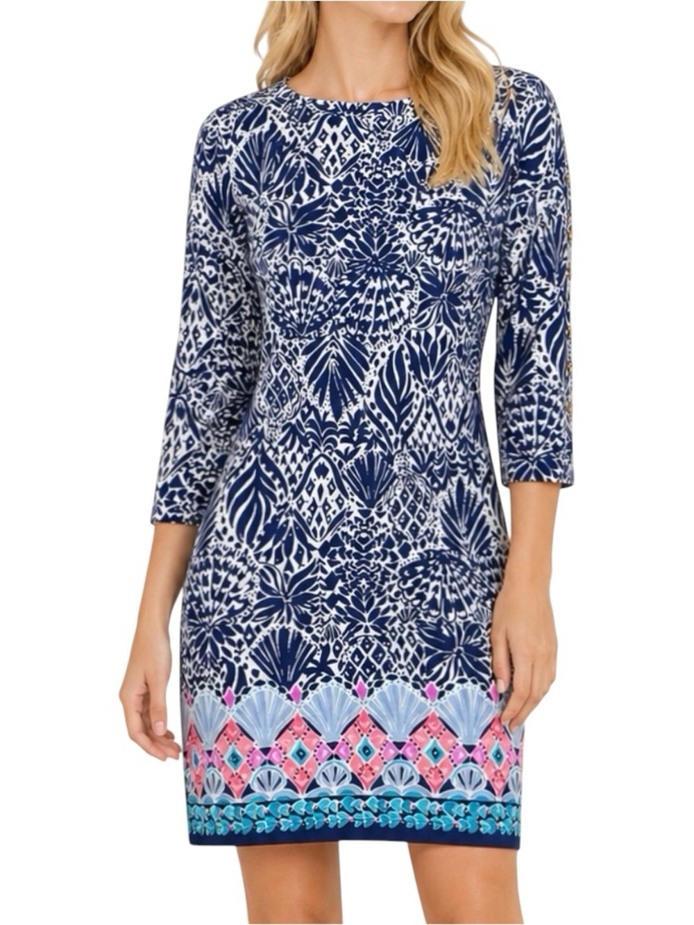 Lilly Pulitzer Vivvy Navy Tropical Print Cotton Shift Dress Cruise Style M